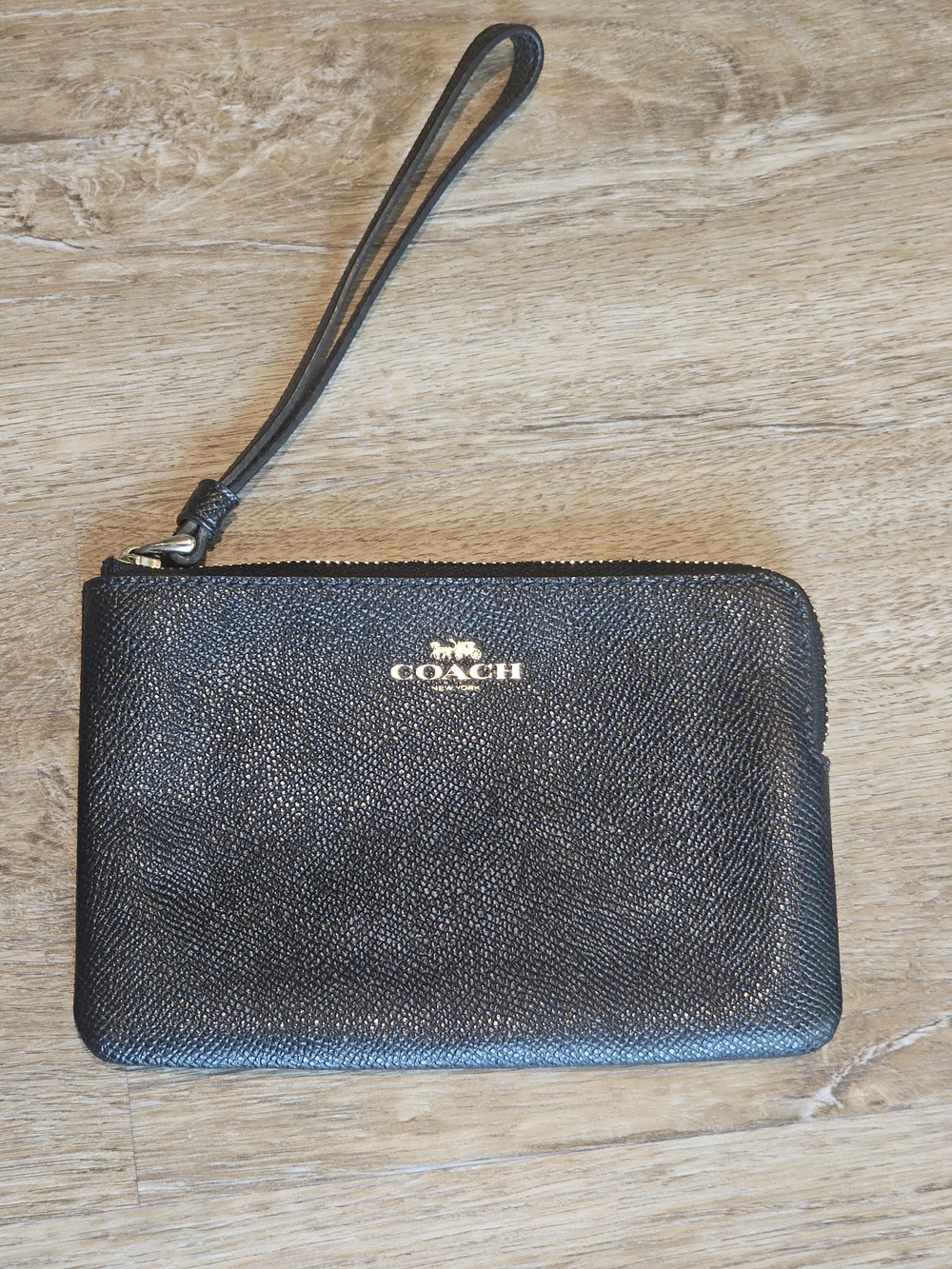 Coach Black Textured Leather Wristlet with Gold Logo Never Used